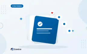 Flat illustration of overlapping strategy cards with a check mark, beside three floating marker chips.