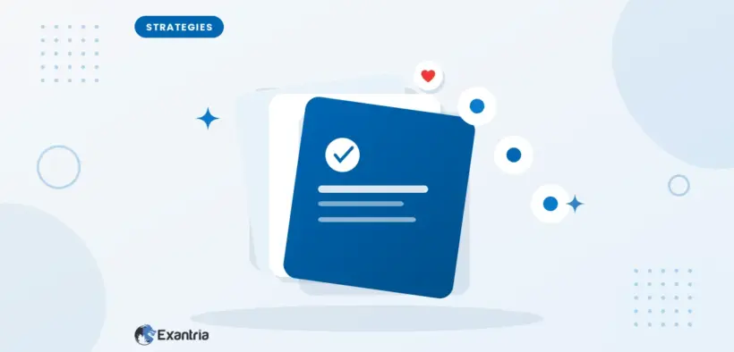 Flat illustration of overlapping strategy cards with a check mark, beside three floating marker chips.