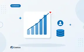 Flat illustration of rising earnings bars with an upward arrow, a faceless creator avatar and a stack of coins.