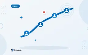 Flat illustration of a rising trend curve with faceless influencer avatars along the path and broadcast rings at the peak.