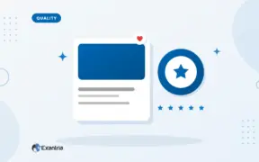Flat illustration of a content card beside a large quality seal with a star and five small stars underneath.
