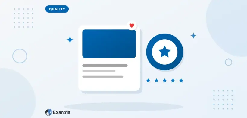 Flat illustration of a content card beside a large quality seal with a star and five small stars underneath.