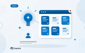 Flat illustration of a faceless creator beside a lightbulb and a board of colourful idea cards for planning eXantria posts