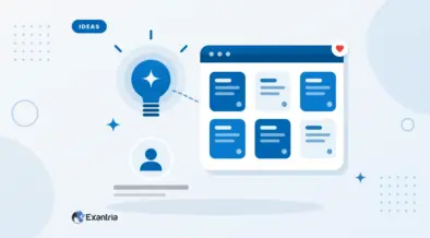 Flat illustration of a faceless creator beside a lightbulb and a board of colourful idea cards for planning eXantria posts