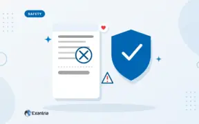 Flat illustration of a payment receipt stamped with a dark void mark, beside a blue protective shield with a check mark and a small warning triangle.