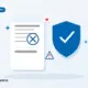 Flat illustration of a payment receipt stamped with a dark void mark, beside a blue protective shield with a check mark and a small warning triangle.