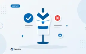 Flat illustration of a costume on a dress form between a blue check badge and a red cross badge, with a small camera icon.