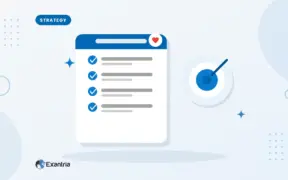 Flat illustration of a strategy checklist card beside a blue bullseye target with an arrow hitting the center.