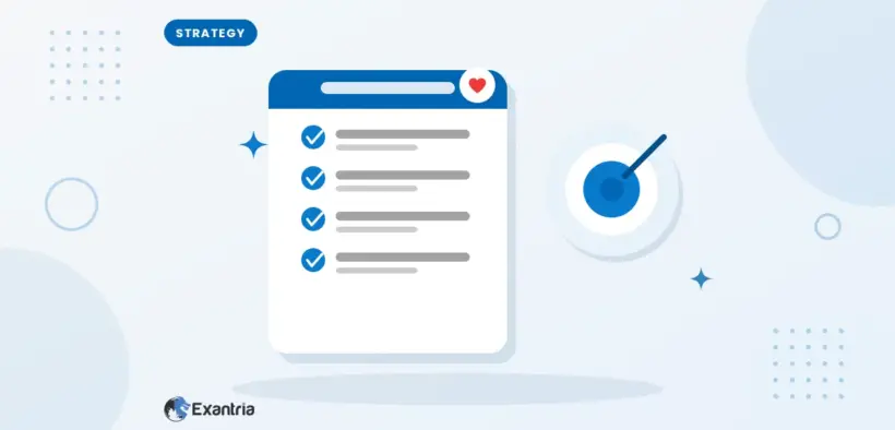 Flat illustration of a strategy checklist card beside a blue bullseye target with an arrow hitting the center.