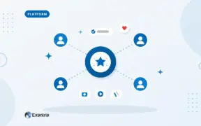 Flat illustration of a central star hub linked to four faceless creator avatars, with photo, video and writing tiles underneath.