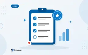 Flat illustration of a blue clipboard checklist with three ticked items, a star badge and a small rising bar chart.