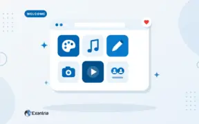 Flat illustration of an app window with a grid of creative tiles: a paint palette, music note, pen, camera, play button and two avatars.