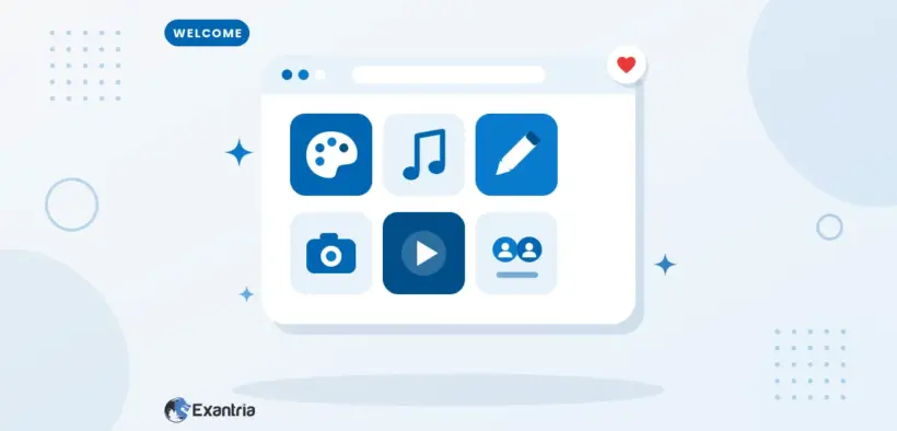 Flat illustration of an app window with a grid of creative tiles: a paint palette, music note, pen, camera, play button and two avatars.