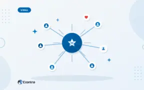 Flat illustration of a central star node linked to six avatar nodes, with short rays suggesting a viral share burst.