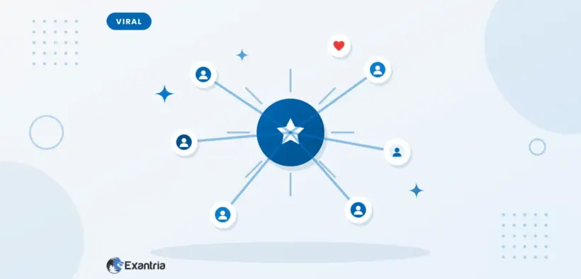 Flat illustration of a central star node linked to six avatar nodes, with short rays suggesting a viral share burst.
