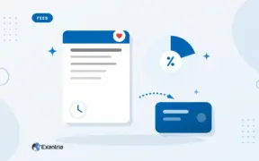 Flat illustration of a fee receipt beside a pie chart with a small slice highlighted, an arrow to a payout card and a clock.