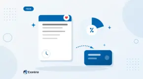 Flat illustration of a fee receipt beside a pie chart with a small slice highlighted, an arrow to a payout card and a clock.