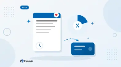 Flat illustration of a fee receipt beside a pie chart with a small slice highlighted, an arrow to a payout card and a clock.