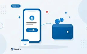 Flat illustration of a phone sending a transfer into a blue wallet with plain coins and a calendar chip.