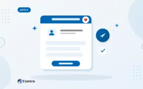Flat illustration of a creator application form with an avatar slot and fields, beside a send chip and a check badge.