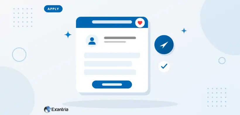Flat illustration of a creator application form with an avatar slot and fields, beside a send chip and a check badge.