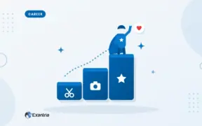 Flat illustration of a caped, faceless figure standing on the tallest of three rising blocks marked with scissors, a camera and a star.