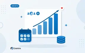 Flat illustration of a rising bar chart with an upward arrow, a row of subscriber avatars, a ticked calendar and a stack of coins.
