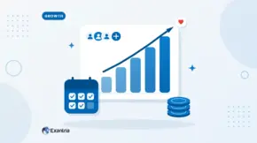 Flat illustration of a rising bar chart with an upward arrow, a row of subscriber avatars, a ticked calendar and a stack of coins.