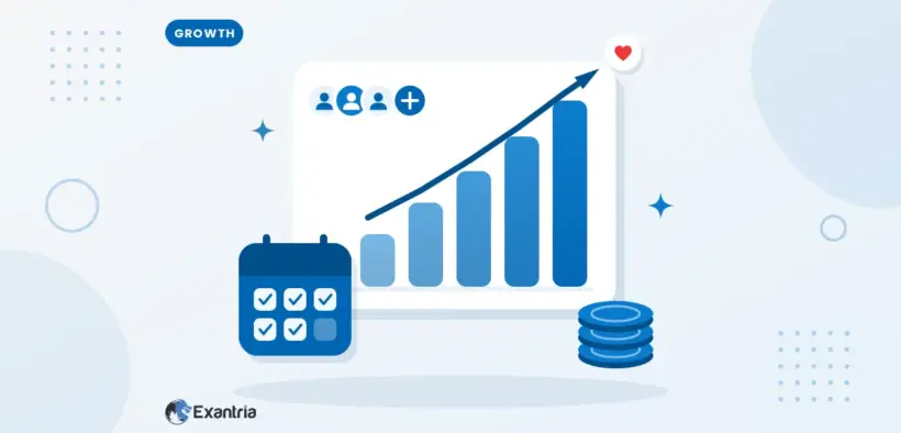 Flat illustration of a rising bar chart with an upward arrow, a row of subscriber avatars, a ticked calendar and a stack of coins.