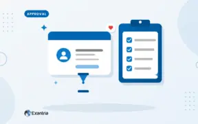 Flat illustration of an ID card next to a clipboard checklist and an hourglass, for creator account approval.