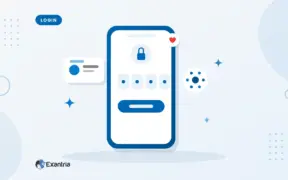 Flat illustration of a smartphone showing a lock icon and four one-time-password digit boxes, with a small notification chip and a key pad chip.