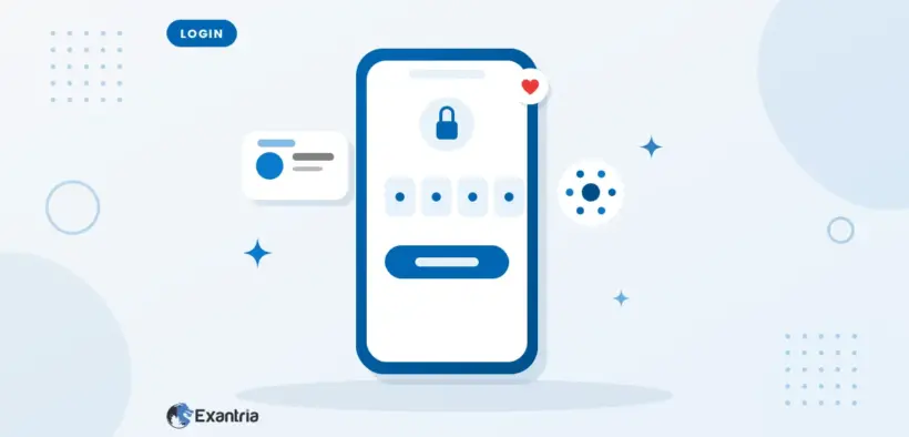 Flat illustration of a smartphone showing a lock icon and four one-time-password digit boxes, with a small notification chip and a key pad chip.