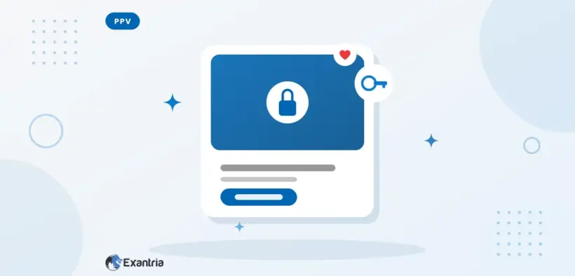 Flat illustration of a locked pay-per-view content card with a padlock overlay, unlock key chip and a blue unlock button.