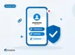 Flat illustration of a smartphone showing a faceless profile and three link buttons, beside a blue shield with a check mark.