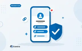 Flat illustration of a smartphone showing a faceless profile and three link buttons, beside a blue shield with a check mark.