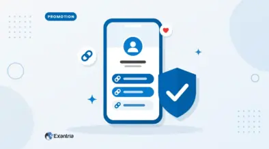 Flat illustration of a smartphone showing a faceless profile and three link buttons, beside a blue shield with a check mark.