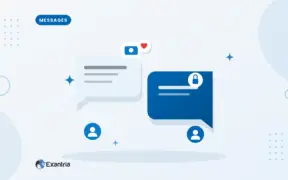 Flat illustration of two chat bubbles between faceless avatars, one with a lock chip for private paid messages.