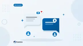 Flat illustration of two chat bubbles between faceless avatars, one with a lock chip for private paid messages.