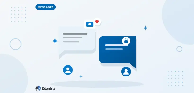 Flat illustration of two chat bubbles between faceless avatars, one with a lock chip for private paid messages.