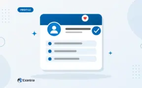 Flat illustration of a creator profile card with a faceless avatar, cover bar, section rows and a check badge.