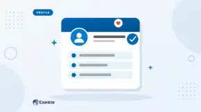 Flat illustration of a creator profile card with a faceless avatar, cover bar, section rows and a check badge.