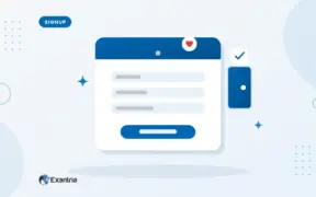 Flat illustration of a sign-up form with three fields and a join button, beside an open door chip with a check mark.