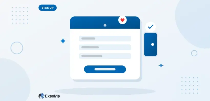 Flat illustration of a sign-up form with three fields and a join button, beside an open door chip with a check mark.