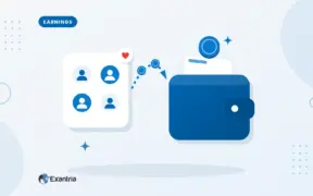 Flat illustration of a card of faceless follower avatars sending coins along a dotted path into a blue wallet.