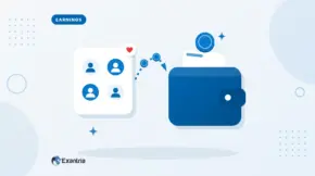 Flat illustration of a card of faceless follower avatars sending coins along a dotted path into a blue wallet.