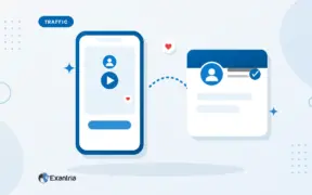 Flat illustration of a smartphone showing a short video feed with a faceless creator, and an arrow leading to an eXantria profile card.