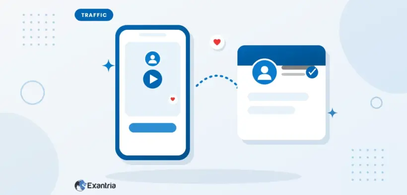 Flat illustration of a smartphone showing a short video feed with a faceless creator, and an arrow leading to an eXantria profile card.
