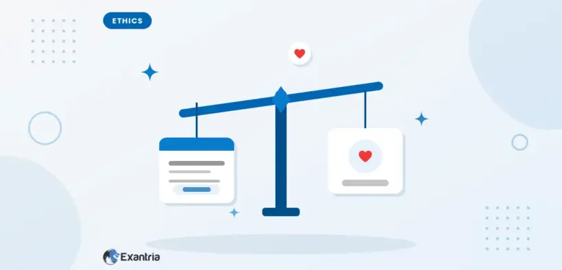 Flat illustration of a balance scale weighing a disclosure contract against a heart, for influencer ethics and sponsored content.