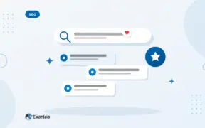 Flat illustration of a search bar above three ranked result cards, with a star badge for SEO visibility.