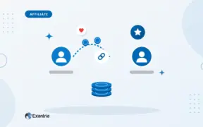 Flat illustration of two faceless avatars linked by a share path with coins, a link chip in the middle and a reward coin stack.